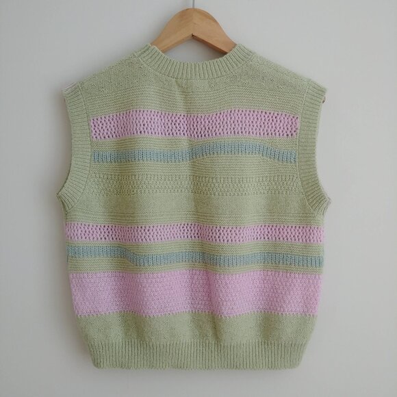 Pastel Striped Knit Sleeveless Sweater Vest - Green & Pink - Picture 10 of 16